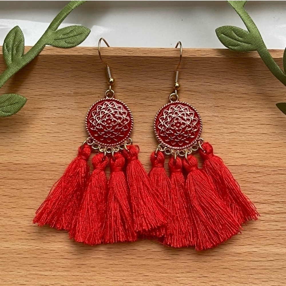 Red Bohemian Fringe Earrings